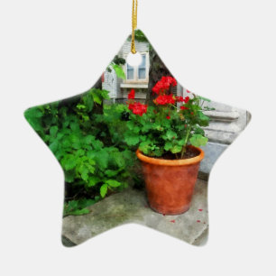 Topf mit Geranien auf der Eingangstreppe Keramik Ornament