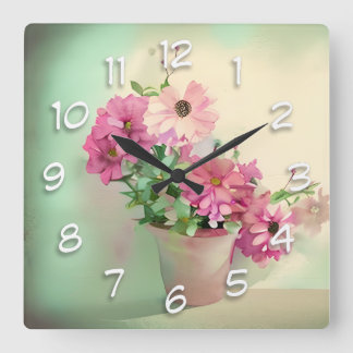 Töpfe aus rosa Blume Quadratische Wanduhr
