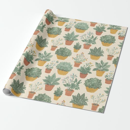 Topfpflanzen Blumen Botanischer Illustrationsstil Geschenkpapier (Ungerollt)