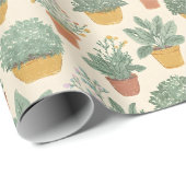 Topfpflanzen Botanischer Illustrationsstil Medium Geschenkpapier (Rolleneckpunkt)