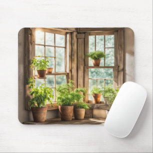 Topfpflanzen im sonnigen Bauernhausfenster Mousepad