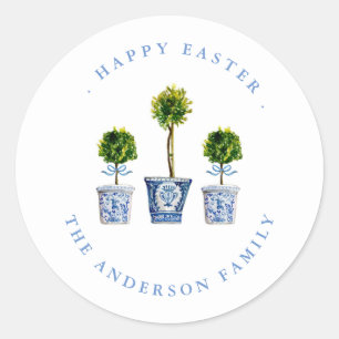 Topiaries Blau & Weiß Happy Easter Etikett / Siege Runder Aufkleber
