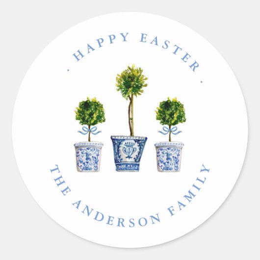 Topiaries Blue & White Happy Oaster Label / Siegel Runder Aufkleber (Vorderseite)