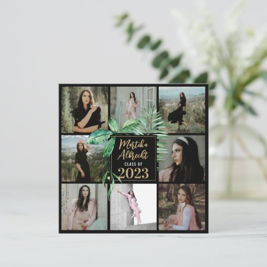 Topische Blätter | Grün und Schwarz | FOTO ABSCHLU Einladung (Stehend Vorderseite)