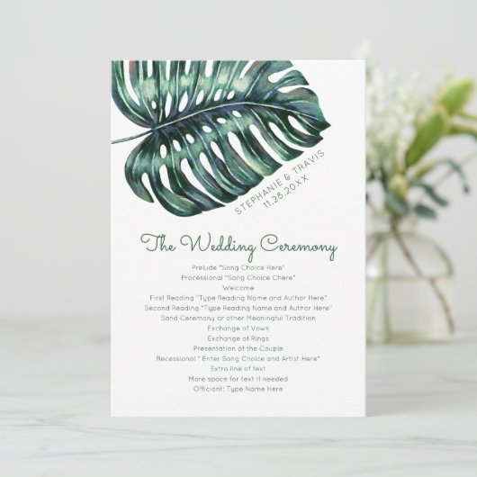 Topisches Monstera Leaf Beach Island Hochzeitsprog Programm (Stehend Vorderseite)