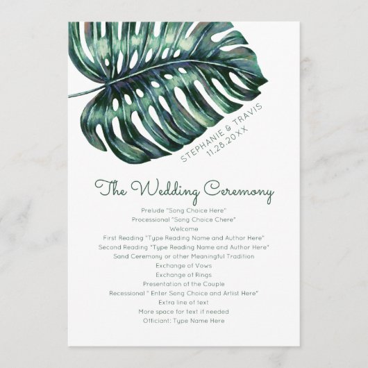Topisches Monstera Leaf Beach Island Hochzeitsprog Programm (Vorderseite)