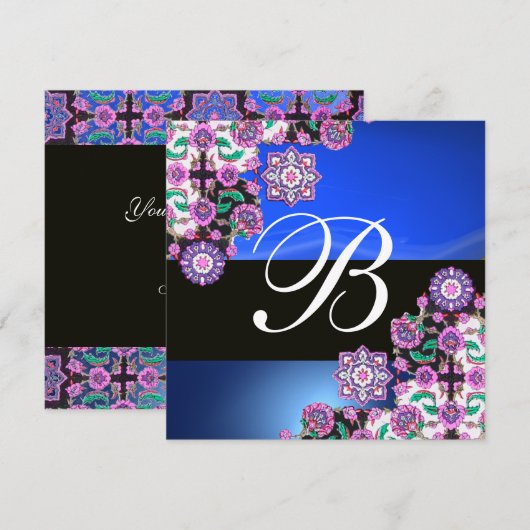 TOPKAPI BLUE BLACK DAMASK MONOGRAMM lila Einladung (Vorne/Hinten)