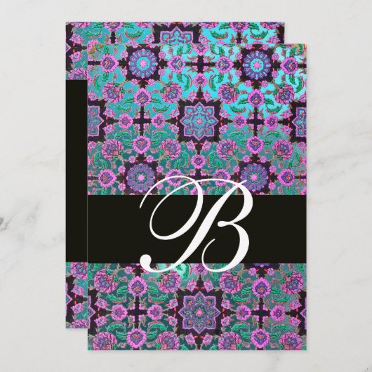 TOPKAPI BLUE BLACK DAMASK MONOGRAMM rosa grün Einladung (Vorne/Hinten)