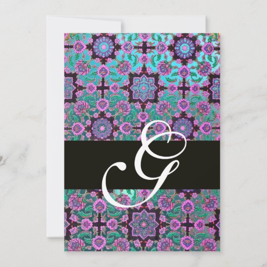 TOPKAPI BLUE BLACK DAMASK MONOGRAMM rosa grün Einladung (Vorderseite)