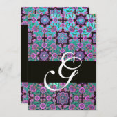TOPKAPI BLUE BLACK DAMASK MONOGRAMM rosa grün Einladung (Vorne/Hinten)