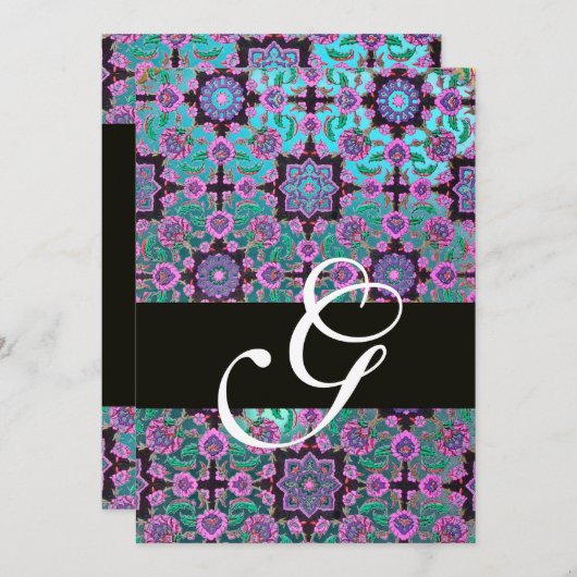 TOPKAPI BLUE BLACK DAMASK MONOGRAMM rosa grün Einladung (Vorne/Hinten)