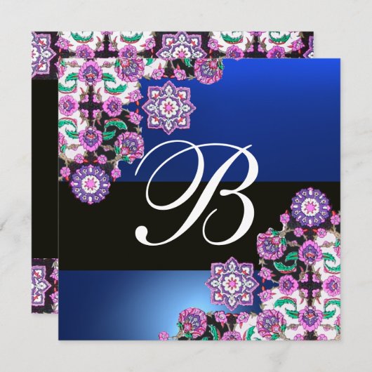 TOPKAPI BLUE BLACK DAMASK MONOGRAMM, rosa weiß Einladung (Vorne/Hinten)