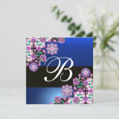 TOPKAPI BLUE BLACK DAMASK MONOGRAMM, rosa weiß Einladung (Stehend Vorderseite)