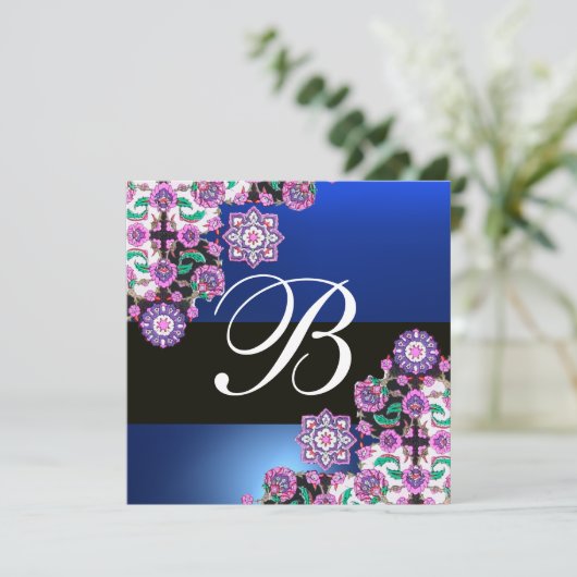 TOPKAPI BLUE BLACK DAMASK MONOGRAMM, rosa weiß Einladung (Stehend Vorderseite)