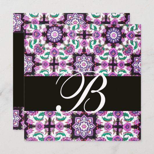 TOPKAPI DAMASK MONOGRAMM Schwarz-weiß rosa grün Einladung (Vorne/Hinten)