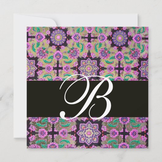 TOPKAPI GRAU SCHWARZ PINK DAMASK MONOGRAMM grün Einladung (Vorderseite)