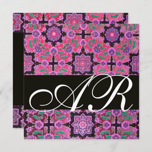 TOPKAPI RED BLACK PINK DAMASK MONOGRAMM grün Einladung (Vorne/Hinten)