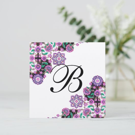 TOPKAPI SCHWARZ-WEISS DAMASK MONOGRAMM Rosa Gold Einladung (Stehend Vorderseite)