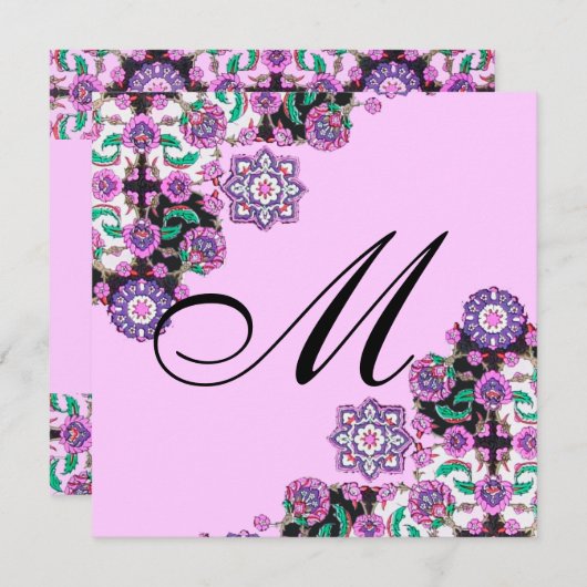 TOPKAPI SCHWARZ-WEISS DAMASK MONOGRAMM, rosa silbe Einladung (Vorne/Hinten)