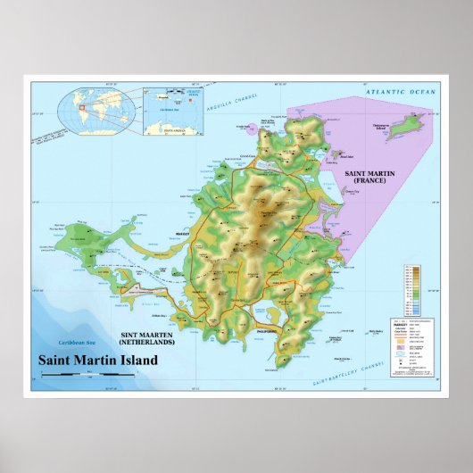 Topografische Karte der Insel Saint-Martin Poster (Vorne)