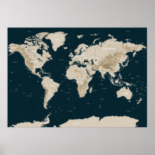 Topografische Karte der Welt in Tan Poster