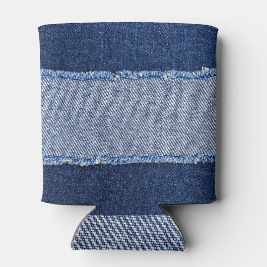 Torn denim: blauer Jeans Stoff. Dosenkühler (Rückseite)