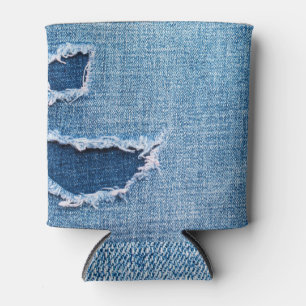 Torn denim Stoff Textur, blaue Farben. Dosenkühler