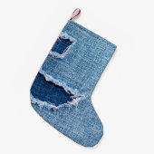 Torn denim Stoff Textur, blaue Farben. Kleiner Weihnachtsstrumpf (Vorderansicht (hängend))
