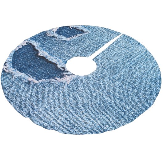 Torn denim Stoff Textur, blaue Farben. Polyester Weihnachtsbaumdecke (Schrägansicht)