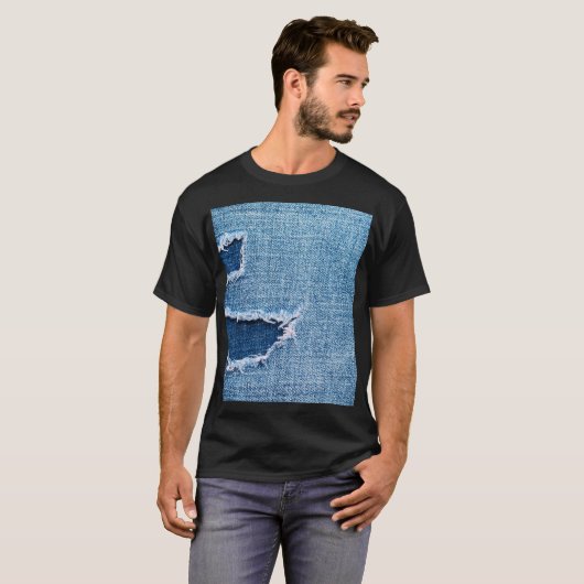 Torn denim Stoff Textur, blaue Farben. T-Shirt (Vorne ganz)