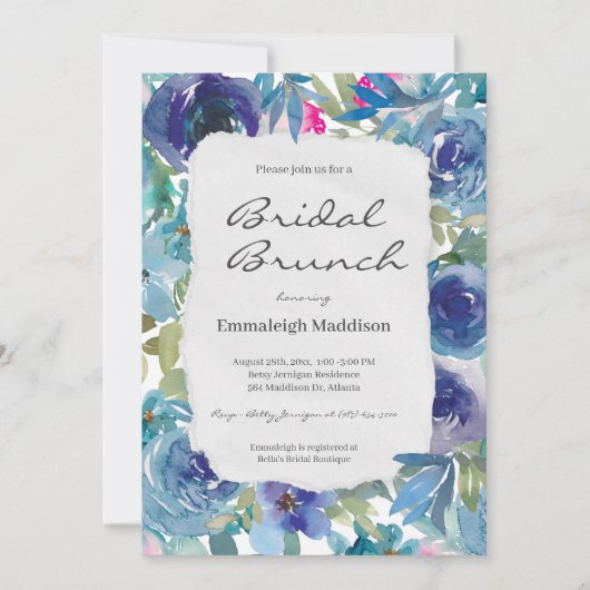 Torn Paper Mermaid Blue Floral Bridal Brunch Einladung (Vorderseite)