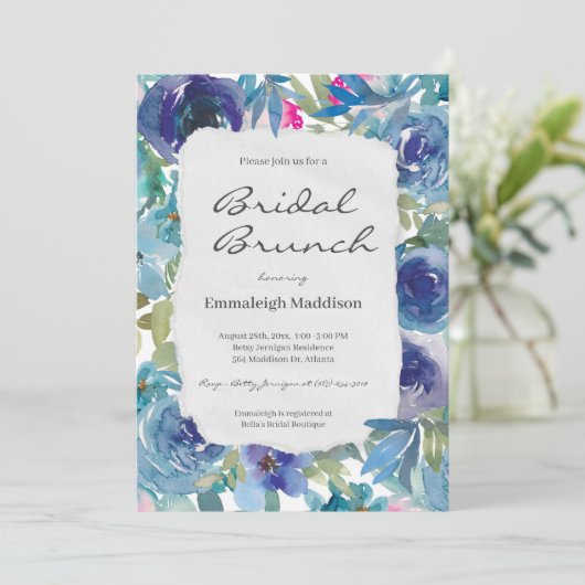 Torn Paper Mermaid Blue Floral Bridal Brunch Einladung (Stehend Vorderseite)