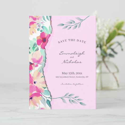 Torn Paper Tropical Floral Pink Hochzeit Save The Date (Stehend Vorderseite)