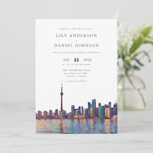 Toronto Skyline Destination Photo Wedding Einladung (Stehend Vorderseite)
