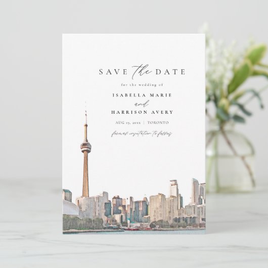 Toronto Skyline Foto Save the Date in Aquarell Einladung (Stehend Vorderseite)