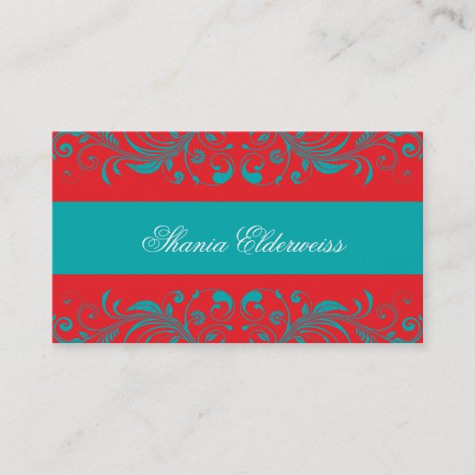 Torquoise & Vermillion Damask Business Card Visitenkarte (Vorderseite)