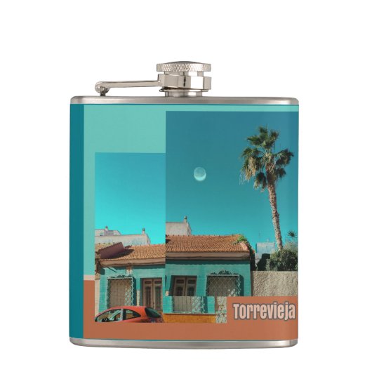 Torrevieja in Orange und Turqoise Flachmann (Vorderseite)