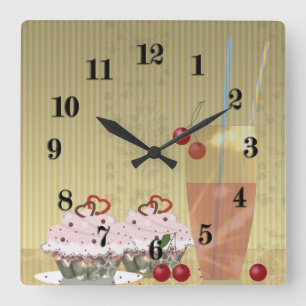 Torten-Cocktail süße Desserts Kirsche Retro-Vintag Quadratische Wanduhr
