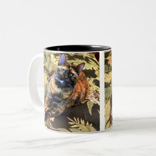 Tortie Katze mit grünen Augen Zweifarbige Tasse (Vorderseite Links)