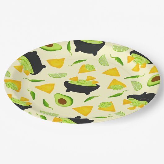 Tortilla Chips und Guacamole Muster Pappteller (Schrägansicht)