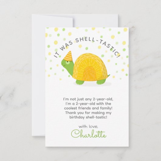 Tortoise, grün gelb, Kind zum Geburtstag Dankeskarte (Vorderseite)