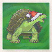 Tortoise in der Weihnachtsmannmütze auf grün Glasuntersetzer (Vorderseite)