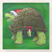 Tortoise in der Weihnachtsmannmütze auf grün Glasuntersetzer (Vorderseite)