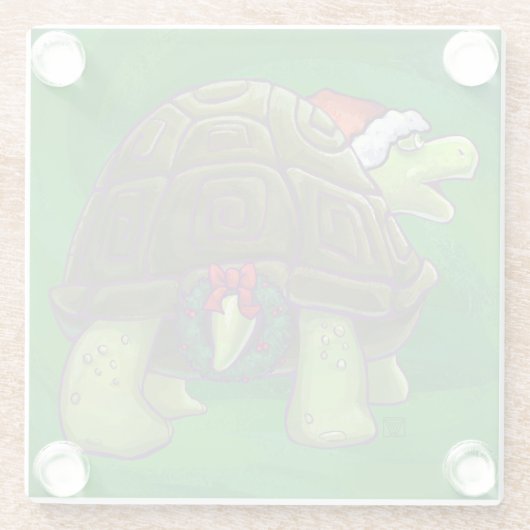Tortoise in der Weihnachtsmannmütze auf grün Glasuntersetzer (Rückseite)