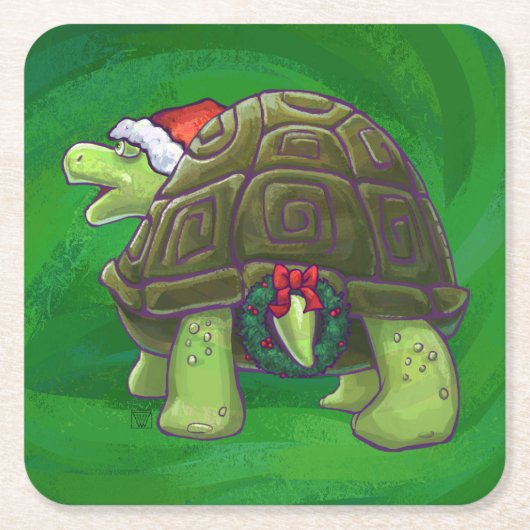 Tortoise in der Weihnachtsmannmütze auf grün Rechteckiger Pappuntersetzer (Vorderseite)
