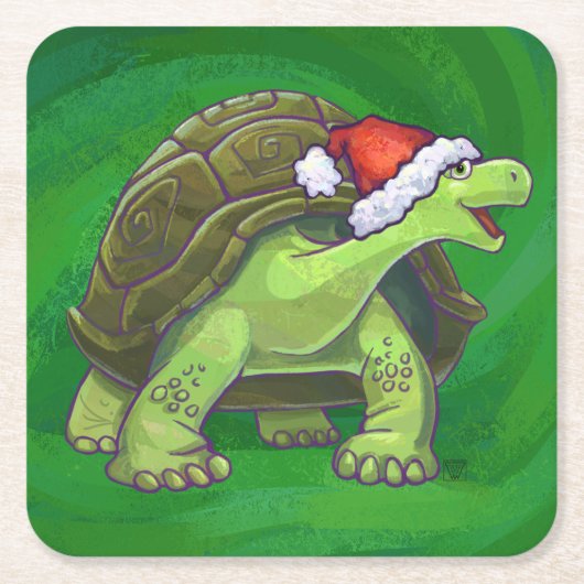 Tortoise in der Weihnachtsmannmütze auf grün Rechteckiger Pappuntersetzer (Vorderseite)