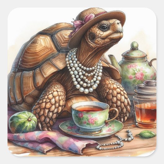 Tortoise mit Teeklattklebern Quadratischer Aufkleber (Vorderseite)