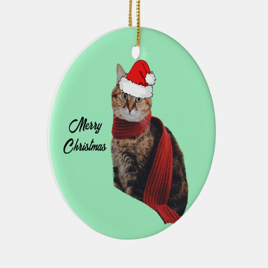 Tortoise Muschel Katze mit Skarf und Weihnachtsman Keramik Ornament (Rechts)