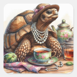Tortoise Tea Party Square Stickers