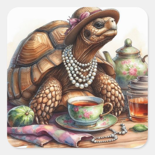 Tortoise Tea Party Square Stickers (Vorderseite)